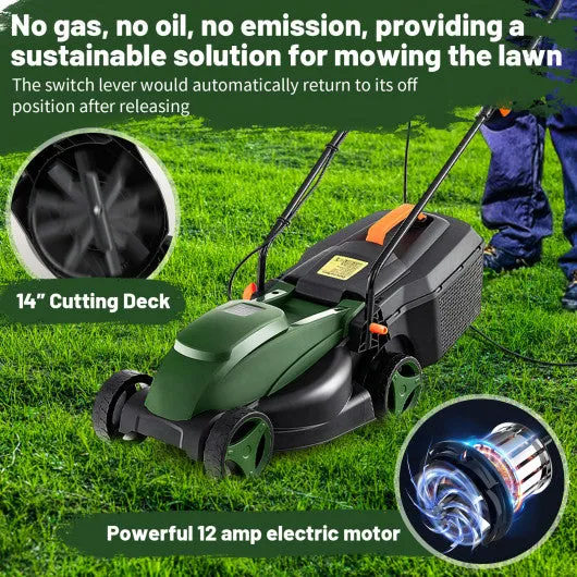 10-AMP 13.5 Inch Adjustable Electric Corded Lawn Mower with Collection Box-Green