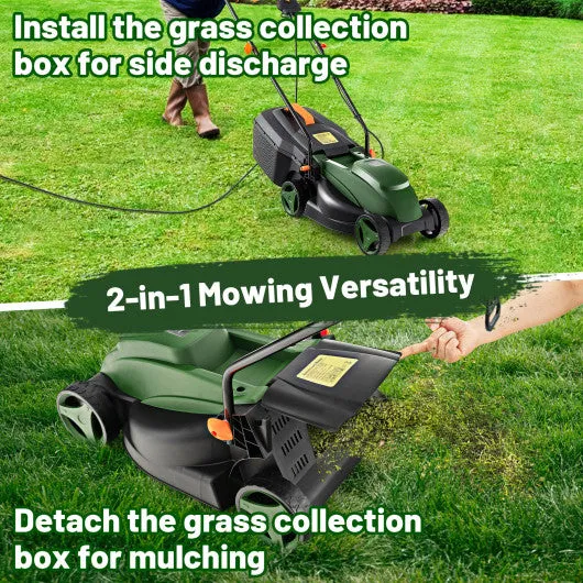 10-AMP 13.5 Inch Adjustable Electric Corded Lawn Mower with Collection Box-Green