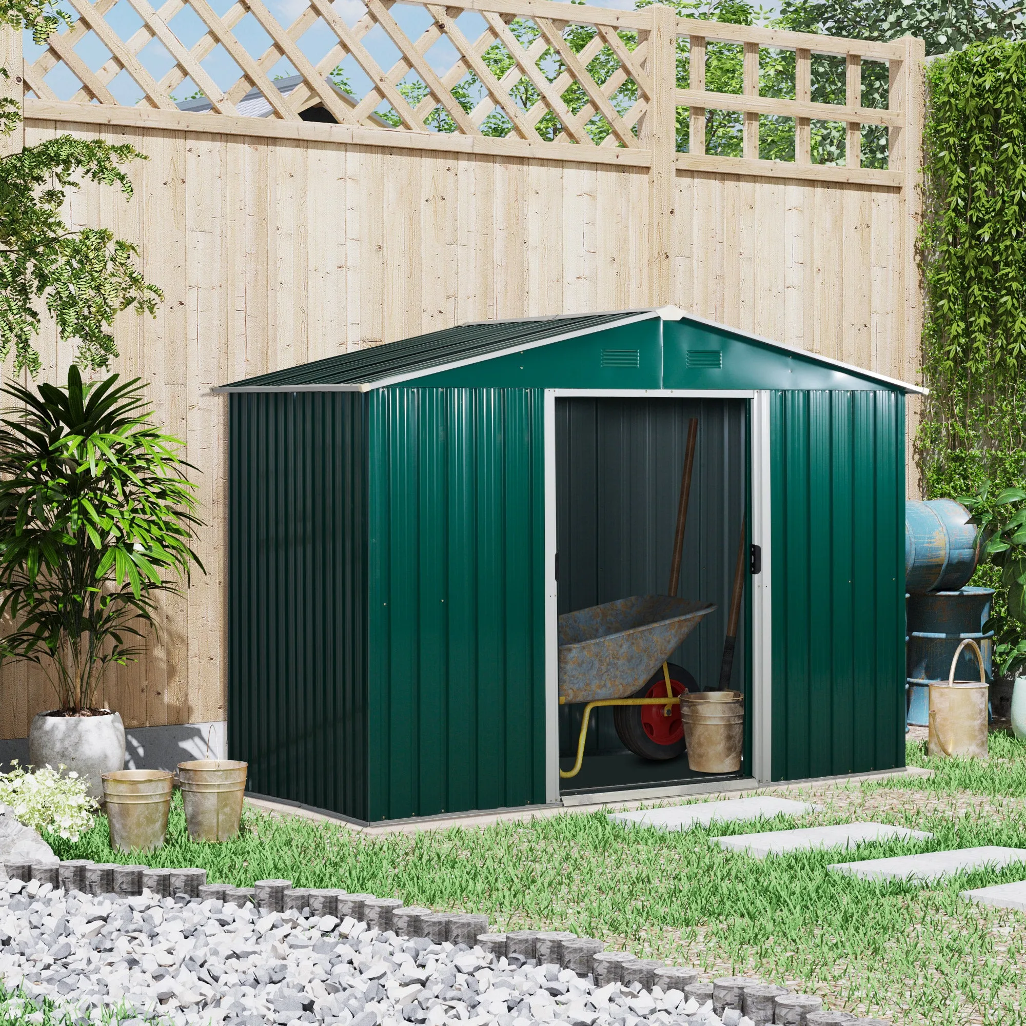 8 x 6 ft Metal Garden Storage Shed Corrugated Steel Roofed Tool Box with Ventilation and Sliding Doors, Green