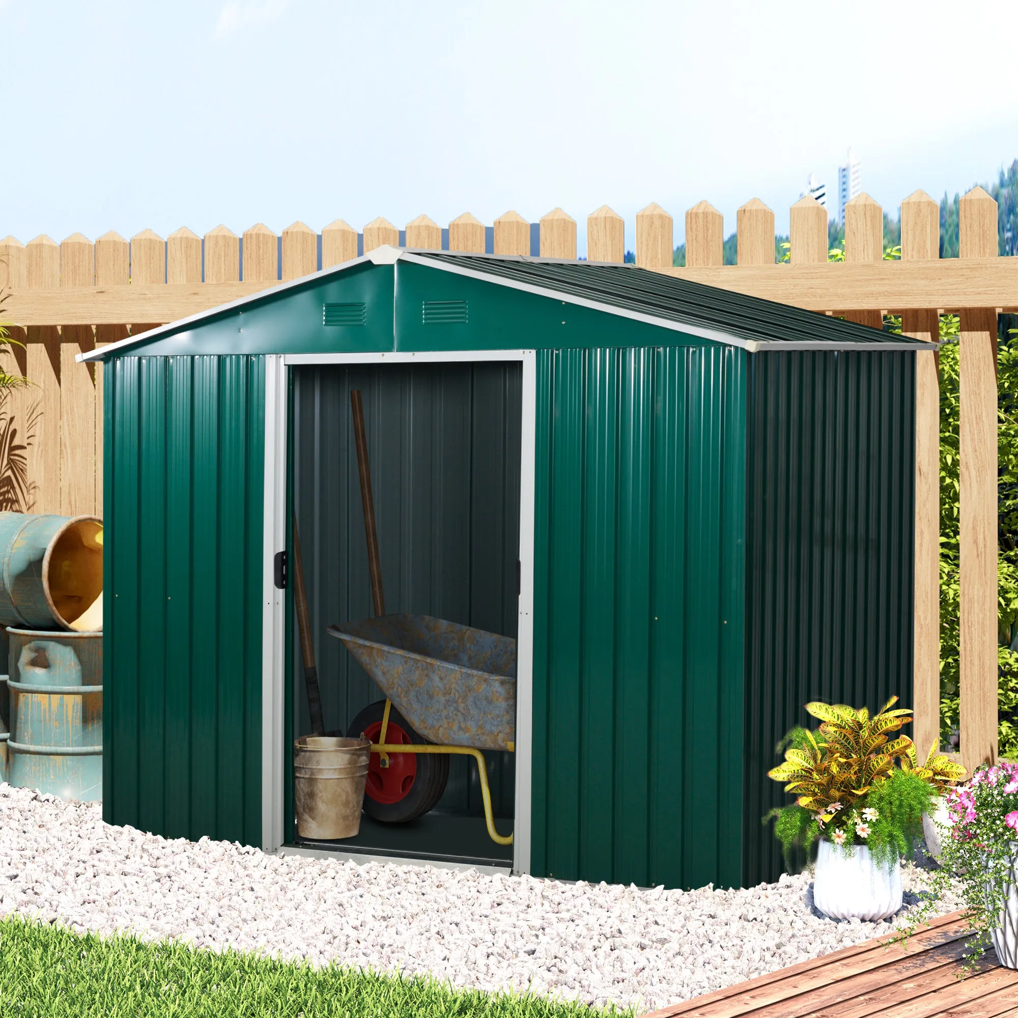 8 x 6 ft Metal Garden Storage Shed Corrugated Steel Roofed Tool Box with Ventilation and Sliding Doors, Green