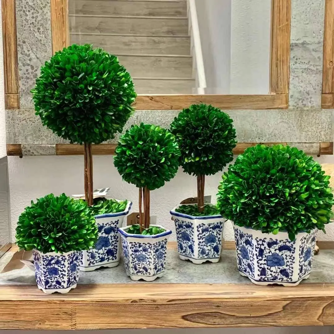 Boxwood Ball Topiary Tree in Blue & White Ceramic Pot Decor