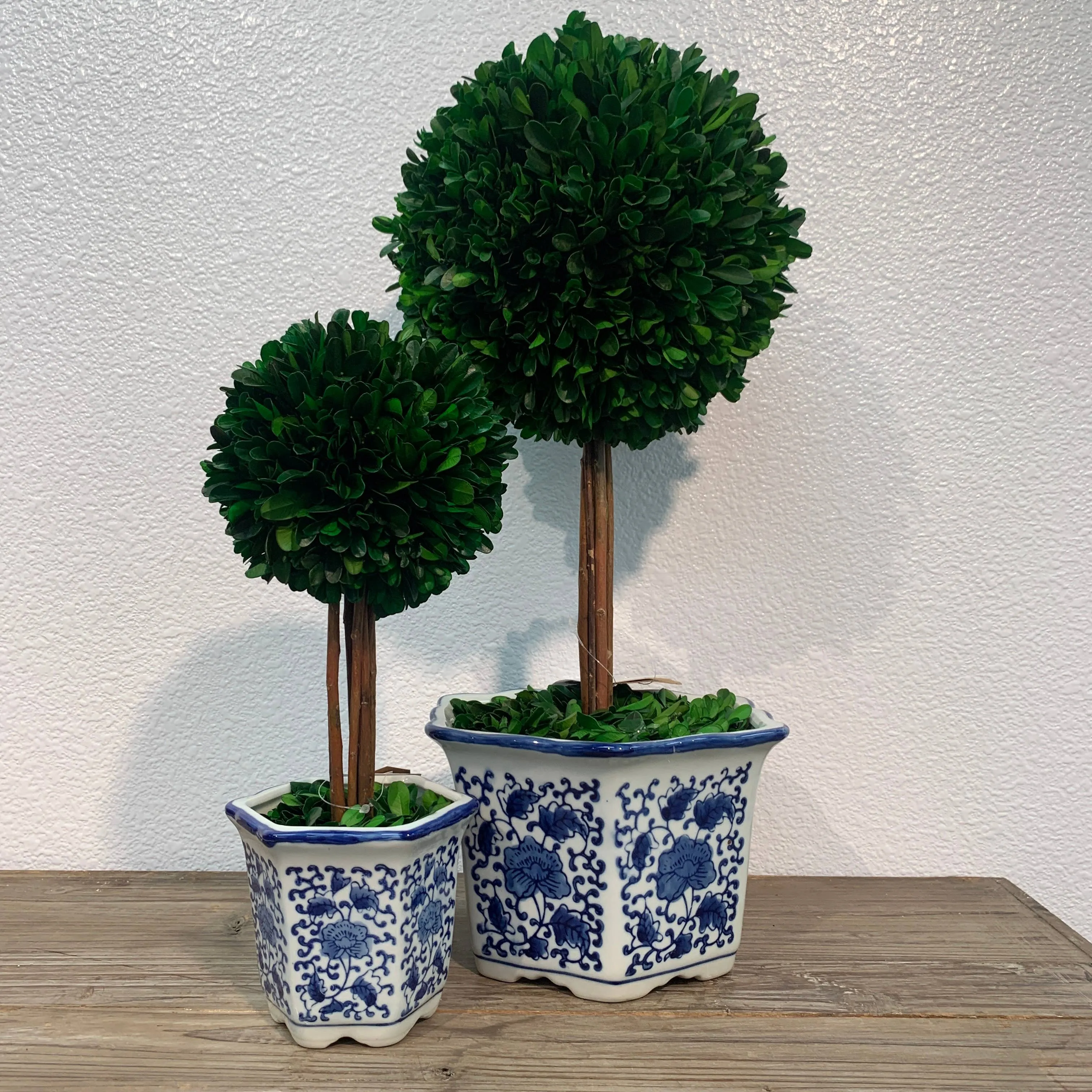 Boxwood Ball Topiary Tree in Blue & White Ceramic Pot Decor