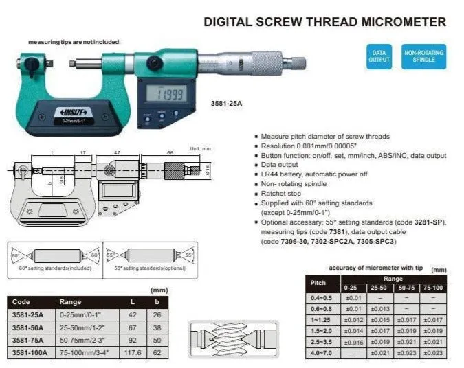 DIGITAL SCREW THREAD MICROMETER - INSIZE 3581-75A 50-75mm / 2-3"