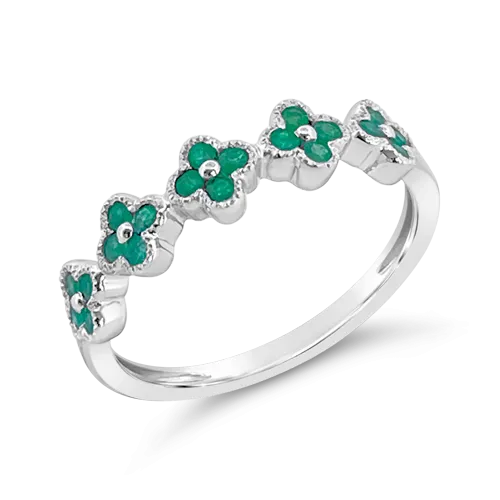 Emerald Flower/Clover Ring in White Gold