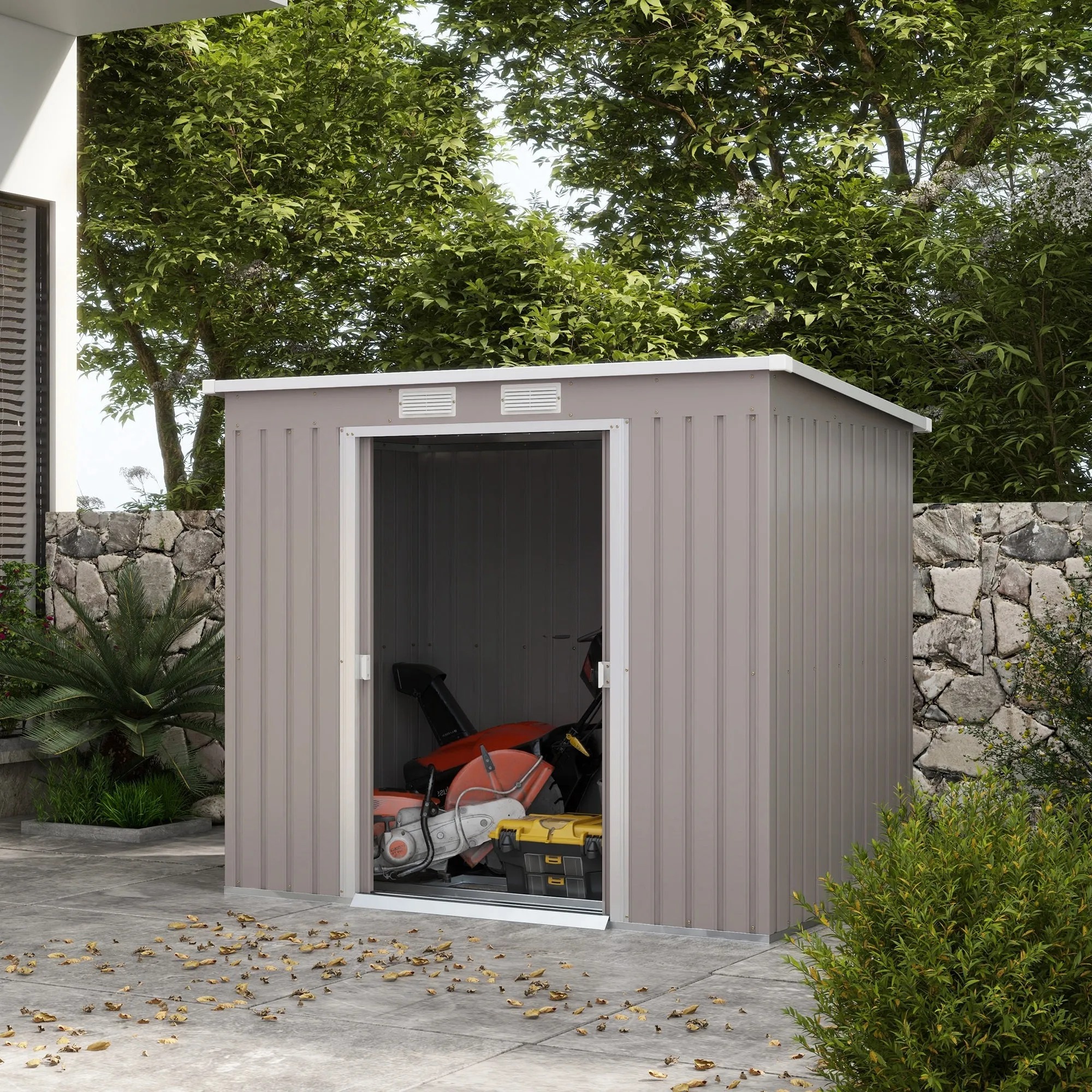 Outdoor Garden Metal Equipment Tool Storage Shed w/ Foundation, Double Door, Vents and Sloped Roof, Grey