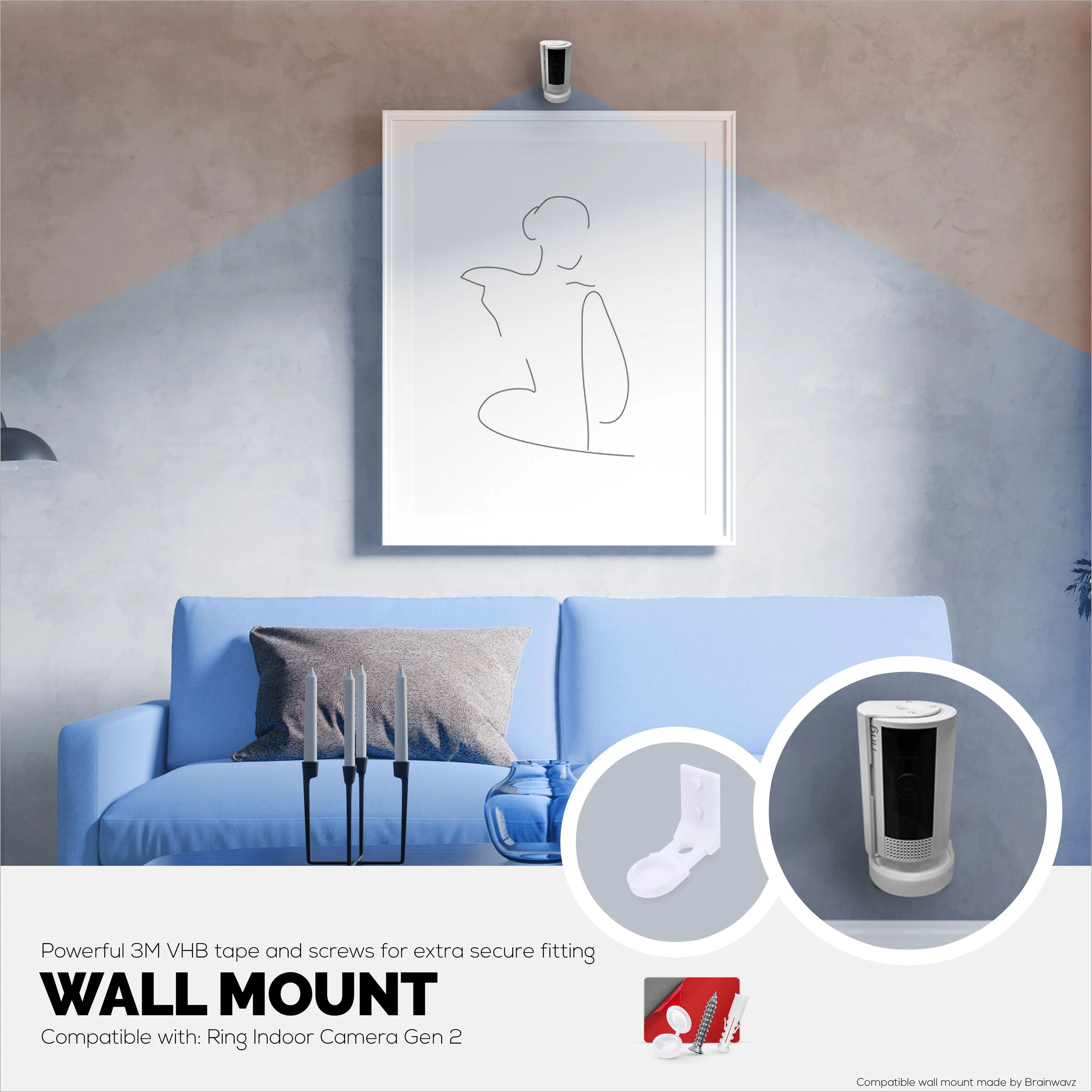 Screwless Wall Mount for Ring Indoor Cam (GEN 2), Easy to Install, No Mess, Strong Adhesive Holder with Screw In Option