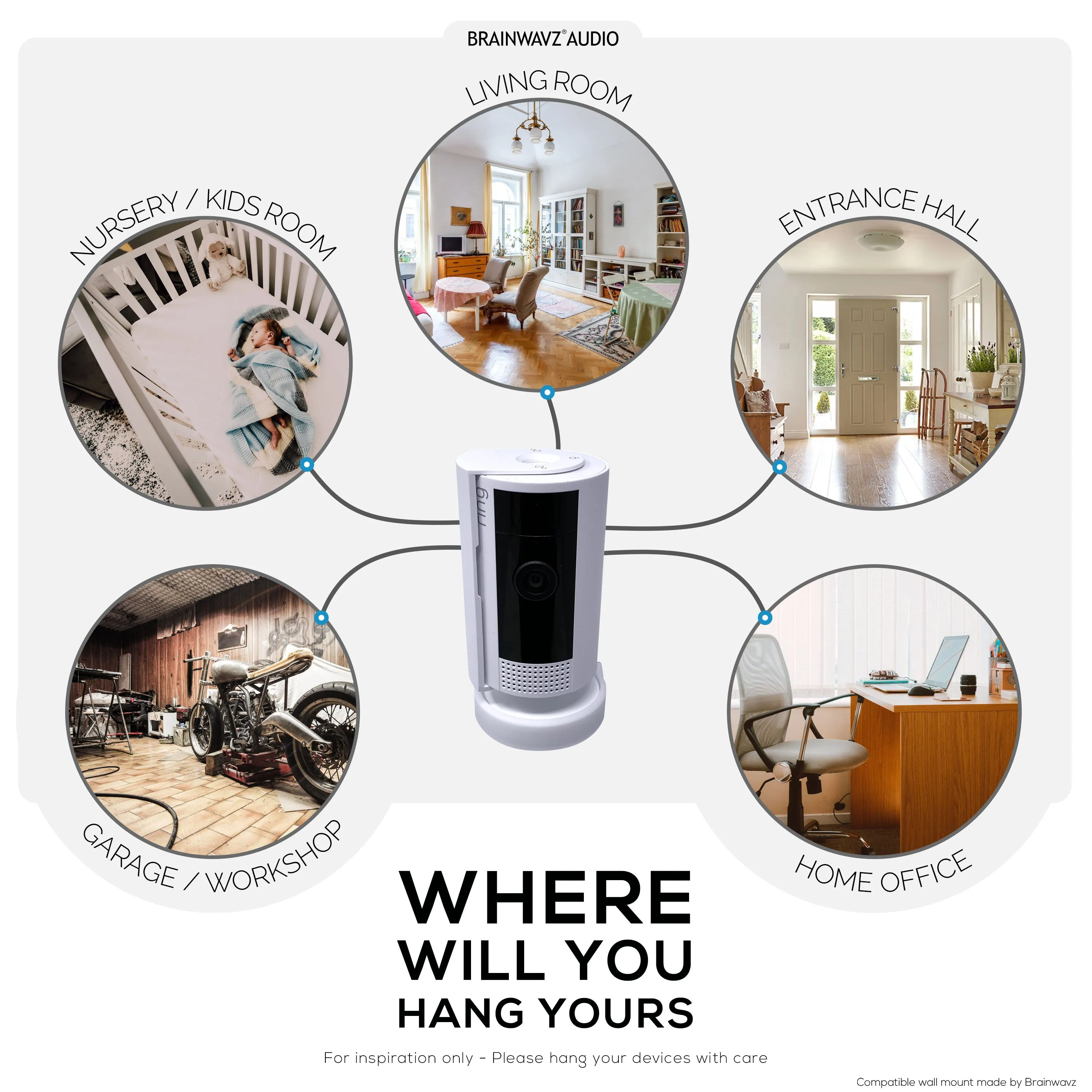 Screwless Wall Mount for Ring Indoor Cam (GEN 2), Easy to Install, No Mess, Strong Adhesive Holder with Screw In Option