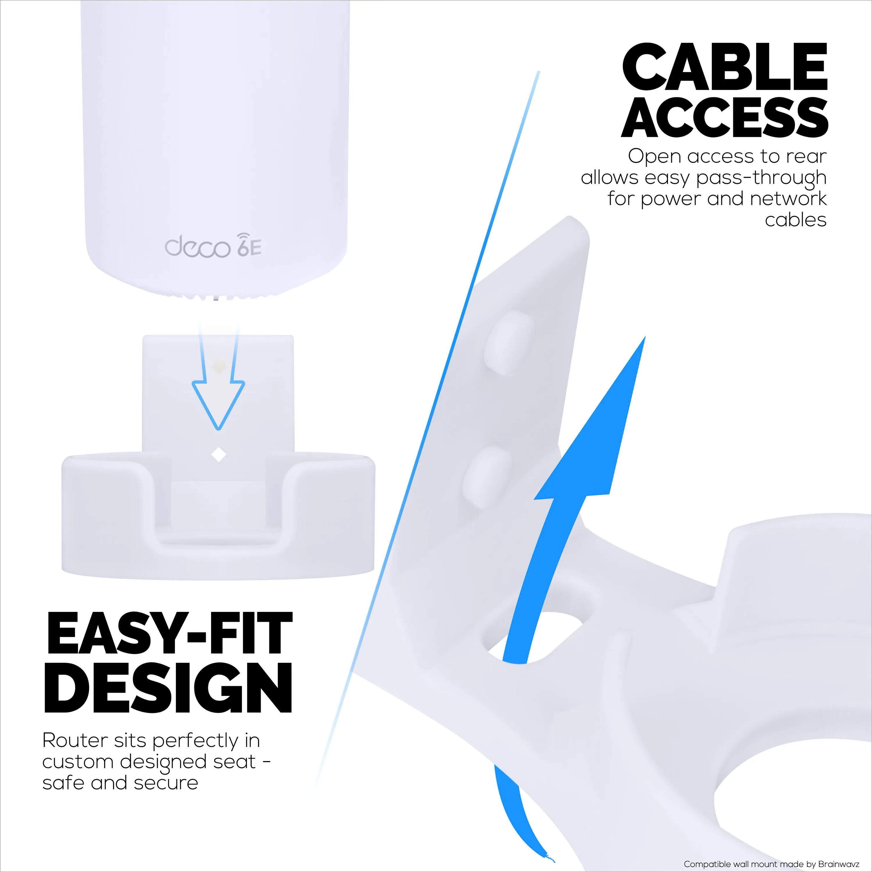 Screwless Wall Mount for TP-Link Deco X68, XE75, XE75 PRO, AXE5300 & AXE5400, Easy To Install, No Mess, Reduce Interference & Increase Range, Stick On Adhesive Bracket, White By Brainwavz