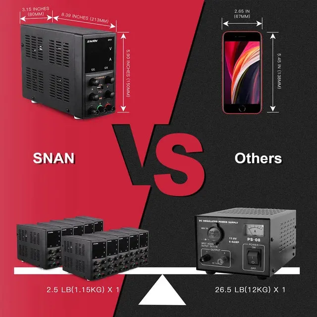 SNAN High Precision DC Benchtop Power Supply with 5V/2A USB Output and 4-Digit LED Display