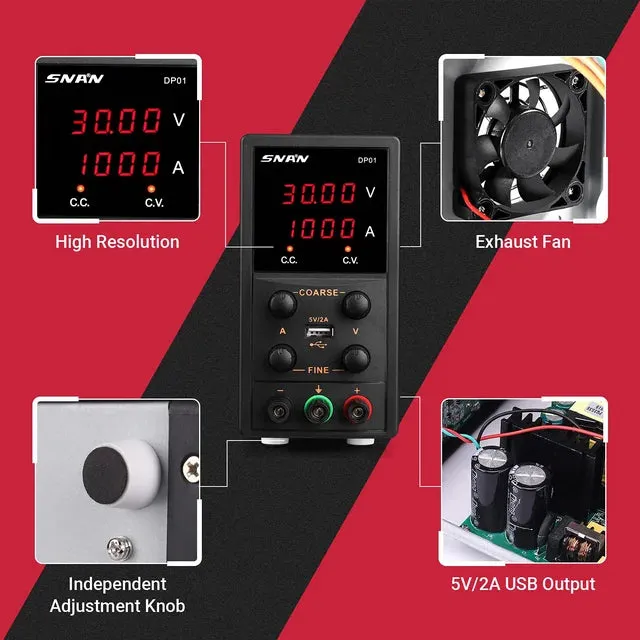 SNAN High Precision DC Benchtop Power Supply with 5V/2A USB Output and 4-Digit LED Display