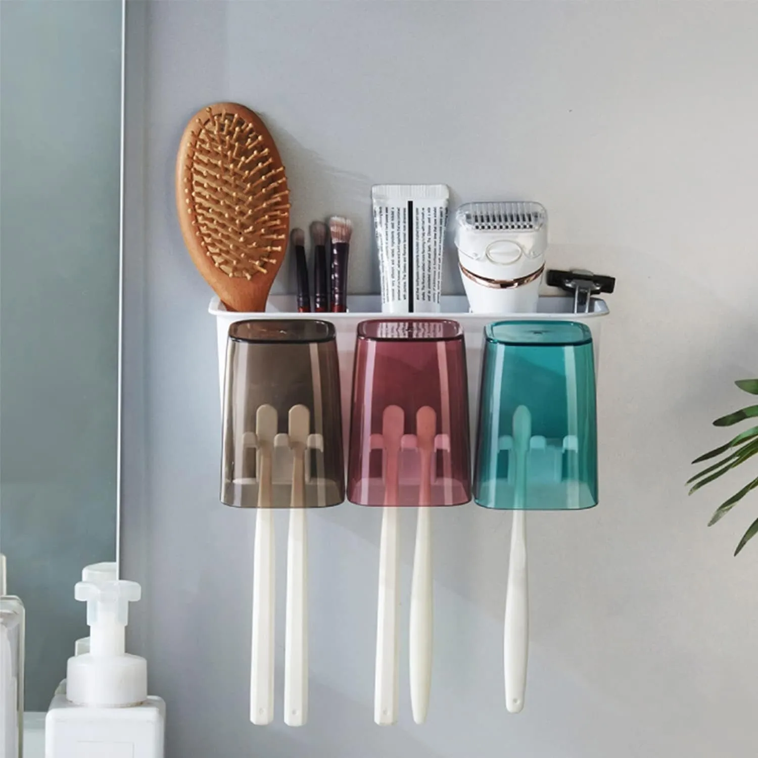 Wall Mount Toothbrush Holder with 3 & 2 Cups Automatic Toothpaste Holder Multi-Functional Kids Favorite Candy Toothbrush Holder Bathroom Accessories Organizer Rack